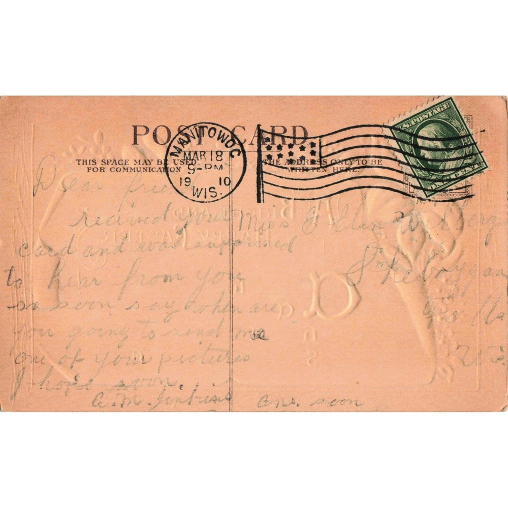 Vtg 1910 Embossed Easter Postcard White Lily Religious Poem Manitowoc WI VG - Picture 2 of 2